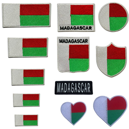 Madagascar Flag Embroidered Patch Set, Iron-On or Sew-On Applique Badges, Rectangle Shield Round Heart Shapes, for Jackets, Backpacks, Hats, Uniforms and Various Sizes