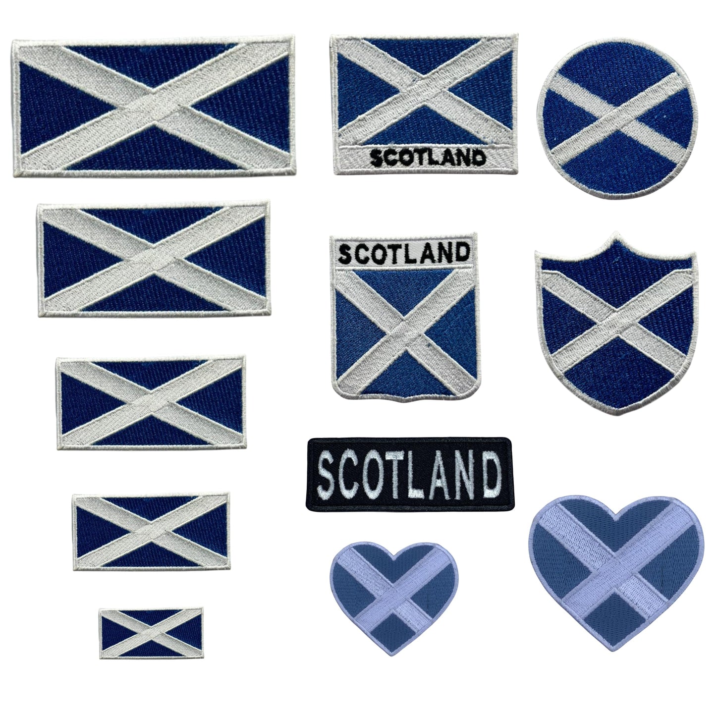 BeBuz Scotland Flag Embroidered Patches, Iron-On/Sew-On Applique, Shield, Round, Heart and Rectangle Flag Badges for Jackets, Bags, Uniforms, Various Sizes