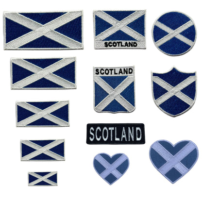 BeBuz Scotland Flag Embroidered Patches, Iron-On/Sew-On Applique, Shield, Round, Heart and Rectangle Flag Badges for Jackets, Bags, Uniforms, Various Sizes