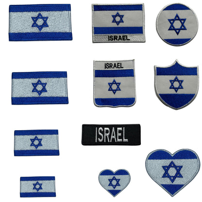 Israel Flag Embroidered Patch Set, Iron-On or Sew-On Applique Badges, Rectangle Shield Round Heart Shapes, for Jackets, Backpacks, Hats, Uniforms and Various Sizes