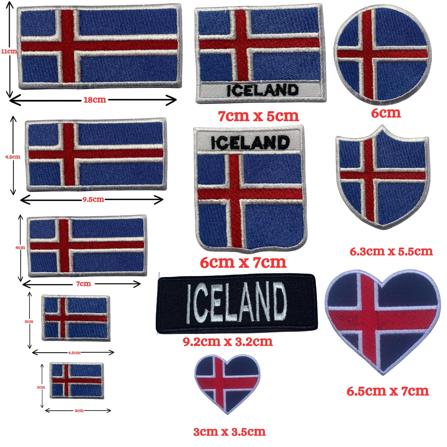 Iceland Flag Embroidered Patch Set, Iron-On or Sew-On Applique Badges, Rectangle Shield Round Heart Shapes, for Jackets, Backpacks, Hats, Uniforms and Various Sizes