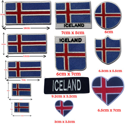 Iceland Flag Embroidered Patch Set, Iron-On or Sew-On Applique Badges, Rectangle Shield Round Heart Shapes, for Jackets, Backpacks, Hats, Uniforms and Various Sizes