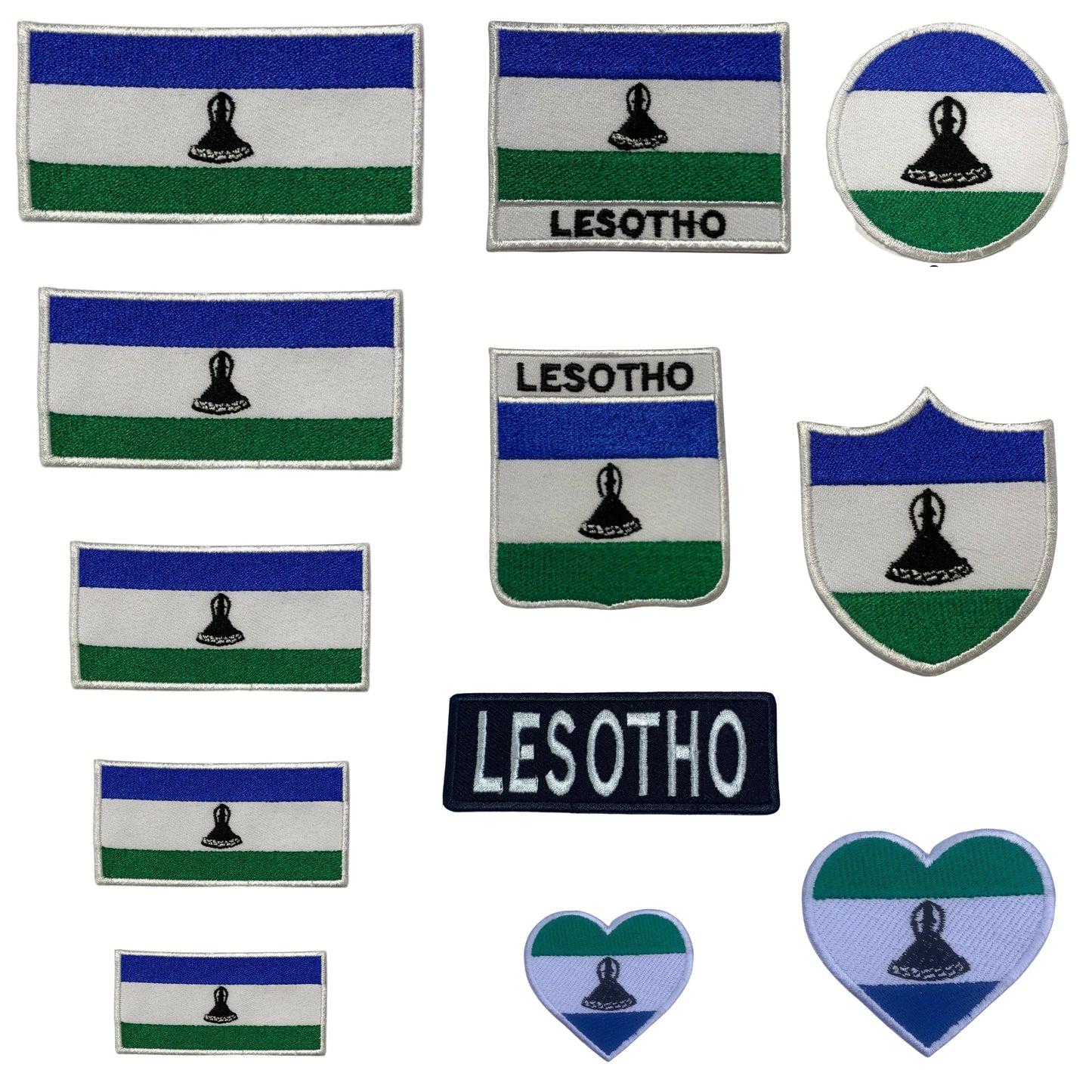 Lesotho Flag Embroidered Patch Set, Iron-On or Sew-On Applique Badges, Rectangle Shield Round Heart Shapes, for Jackets, Backpacks, Hats, Uniforms and Various Sizes