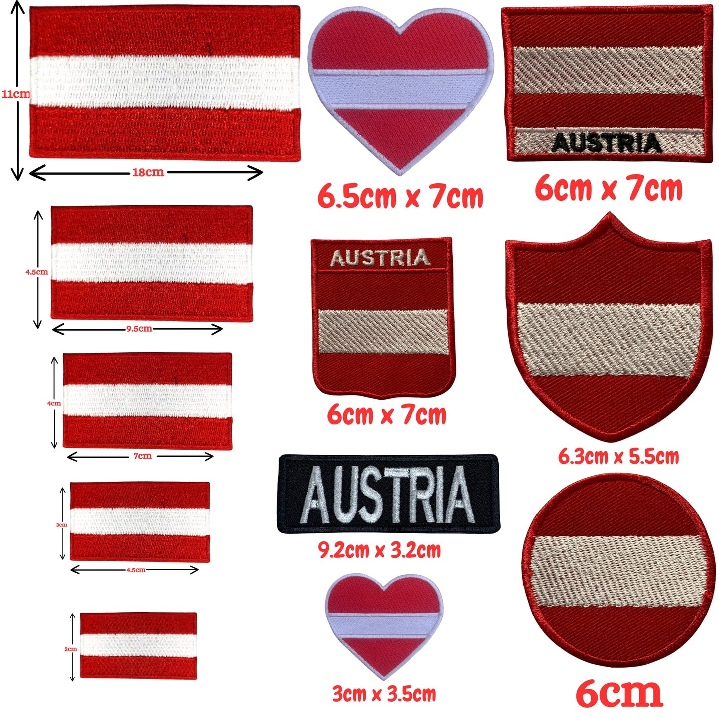 Austria Flag Embroidered Patches, Iron-On/Sew-On Applique, Shield, Round, Heart and Rectangle Flag Badges for Jackets, Bags, Uniforms, Various Sizes