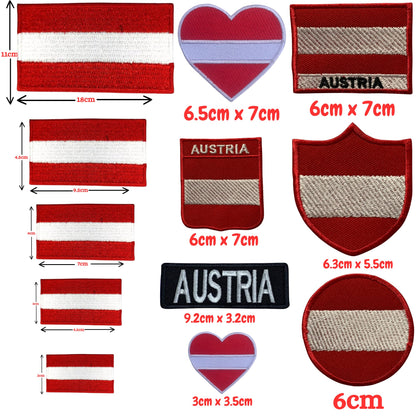 Austria Flag Embroidered Patches, Iron-On/Sew-On Applique, Shield, Round, Heart and Rectangle Flag Badges for Jackets, Bags, Uniforms, Various Sizes