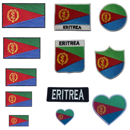 Eritrea Flag Embroidered Patch Set, Iron-On or Sew-On Applique Badges, Rectangle Shield Round Heart Shapes, for Jackets, Backpacks, Hats, Uniforms and Various Sizes