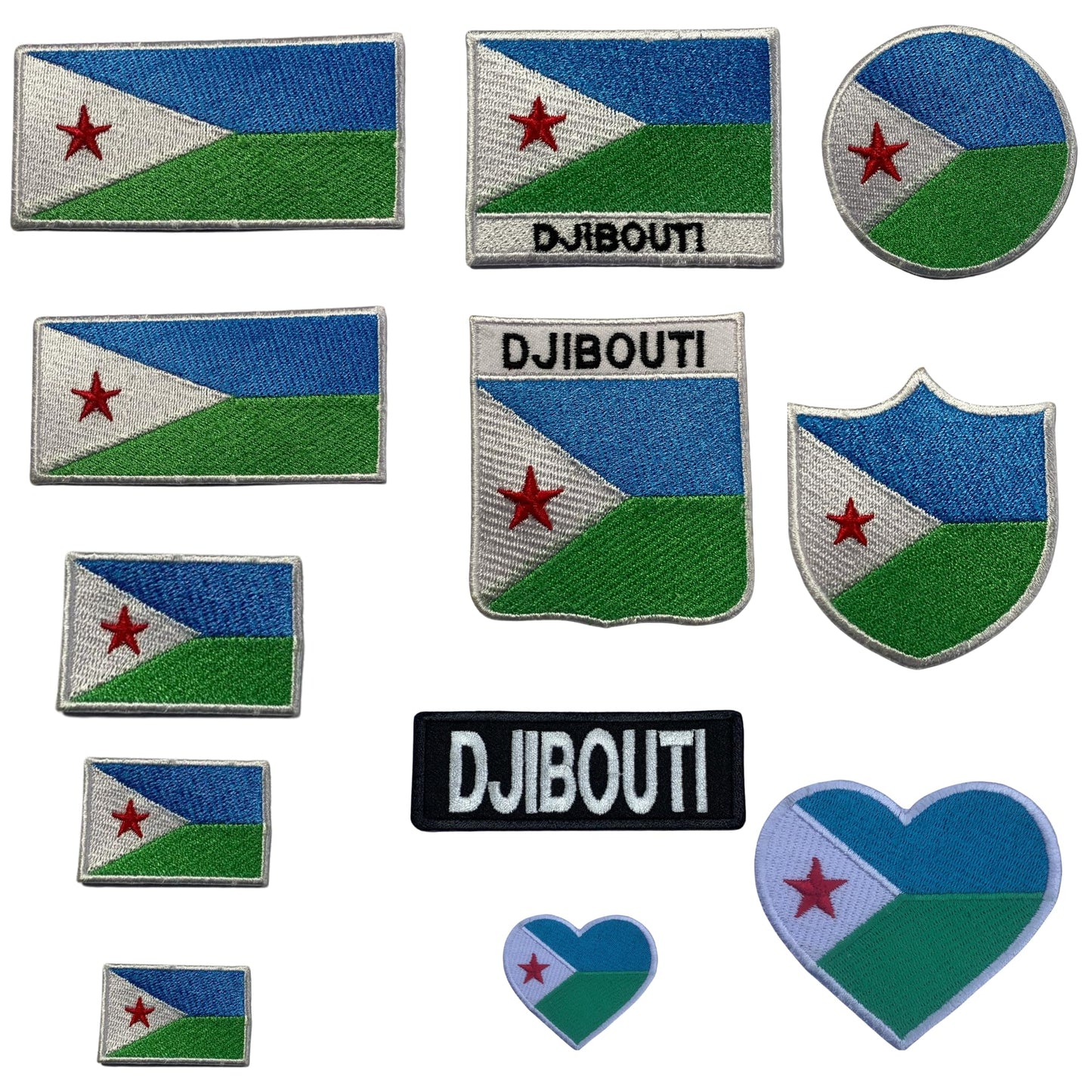 Djibouti Flag Embroidered Patch Set, Iron-On or Sew-On Applique Badges, Rectangle Shield Round Heart Shapes, for Jackets, Backpacks, Hats, Uniforms and Various Sizes