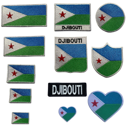 Djibouti Flag Embroidered Patch Set, Iron-On or Sew-On Applique Badges, Rectangle Shield Round Heart Shapes, for Jackets, Backpacks, Hats, Uniforms and Various Sizes