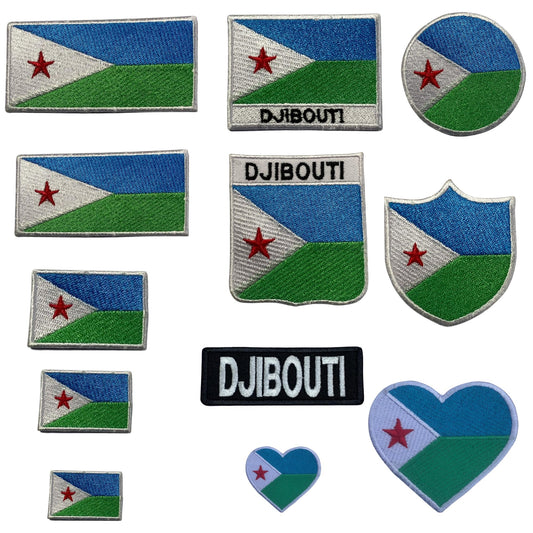 Djibouti Flag Embroidered Patch Set, Iron-On or Sew-On Applique Badges, Rectangle Shield Round Heart Shapes, for Jackets, Backpacks, Hats, Uniforms and Various Sizes