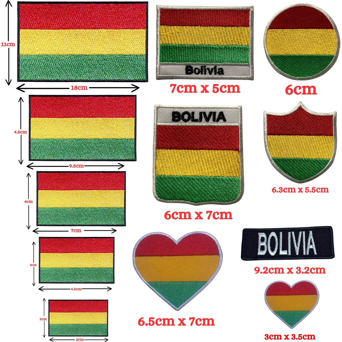 Bolivia Flag Embroidered Patch Set, Iron-On or Sew-On Applique Badges, Rectangle Shield Round Heart Shapes, National Flag Emblem for Jackets, Backpacks, Hats, Uniforms and Various Sizes