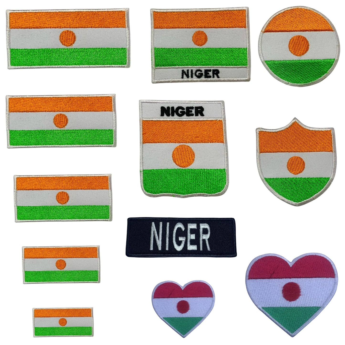 Niger Flag Embroidered Patch Set, Iron-On or Sew-On Applique Badges, Rectangle Shield Round Heart Shapes, for Jackets, Backpacks, Hats, Uniforms and Various Sizes
