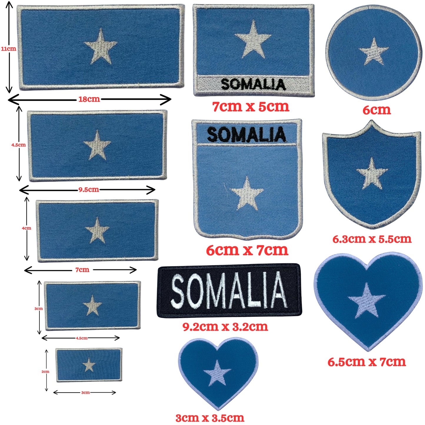Somalia Flag Embroidered Patch Set, Iron-On or Sew-On Applique Badges, Rectangle Shield Round Heart Shapes, for Jackets, Backpacks, Hats, Uniforms and Various Sizes