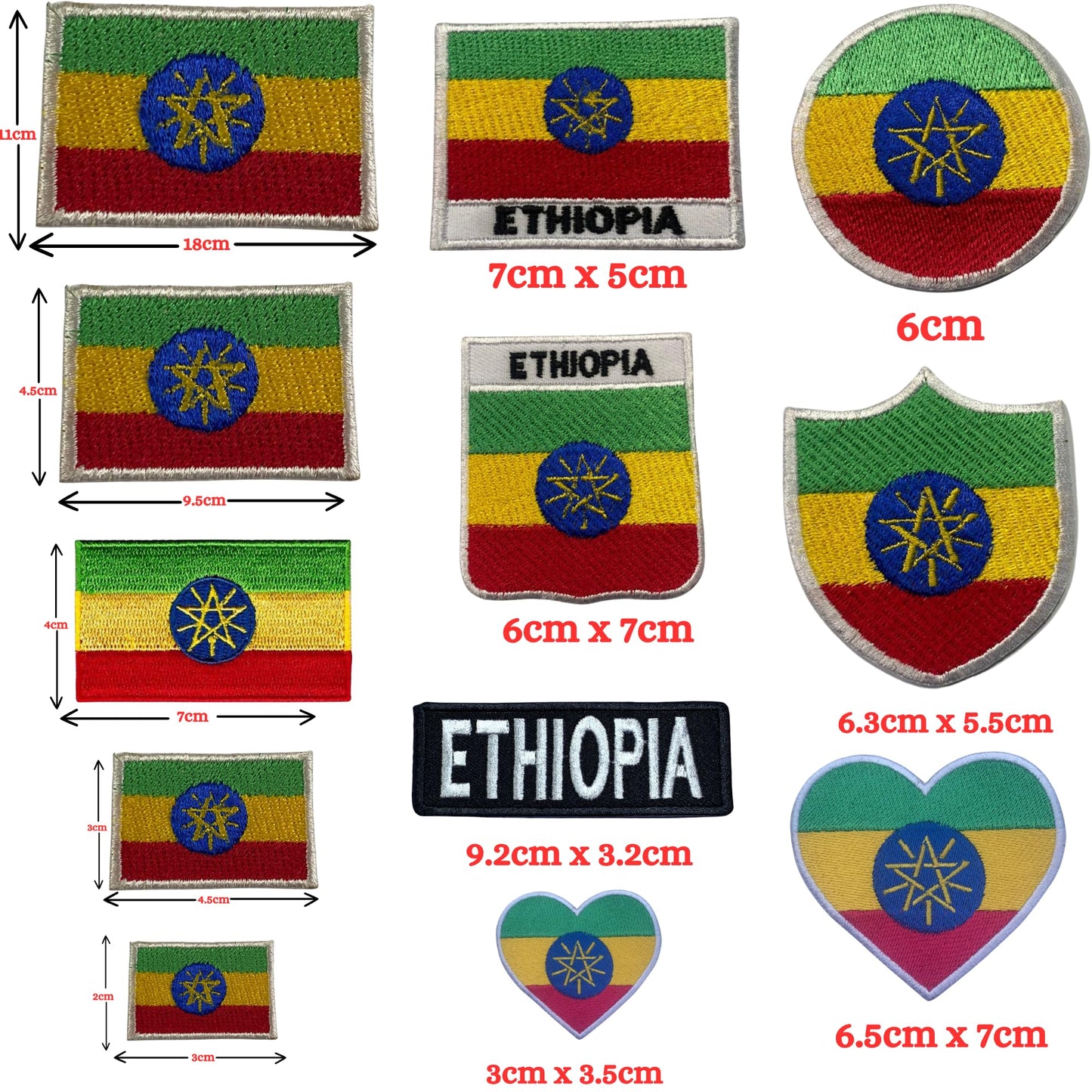 Ethiopia Flag Embroidered Patch Set, Iron-On or Sew-On Applique Badges, Rectangle Shield Round Heart Shapes, for Jackets, Backpacks, Hats, Uniforms and Various Sizes