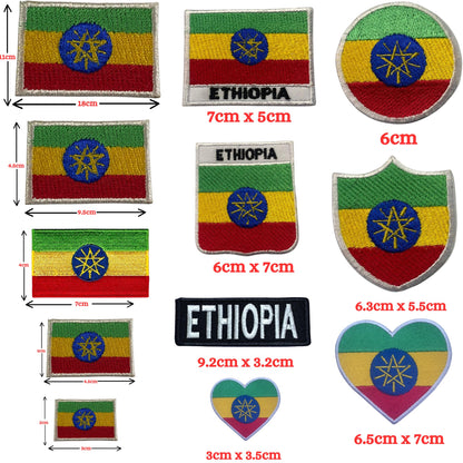 Ethiopia Flag Embroidered Patch Set, Iron-On or Sew-On Applique Badges, Rectangle Shield Round Heart Shapes, for Jackets, Backpacks, Hats, Uniforms and Various Sizes