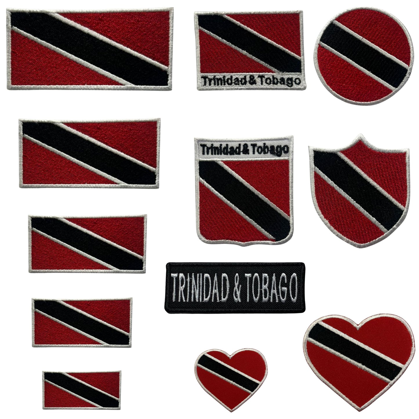 Trinidad and Tobago Flag Embroidered Patch Set, Iron-On or Sew-On Applique Badges, Rectangle Shield Round Heart Shapes, for Jackets, Backpacks, Hats, Uniforms and Various Sizes