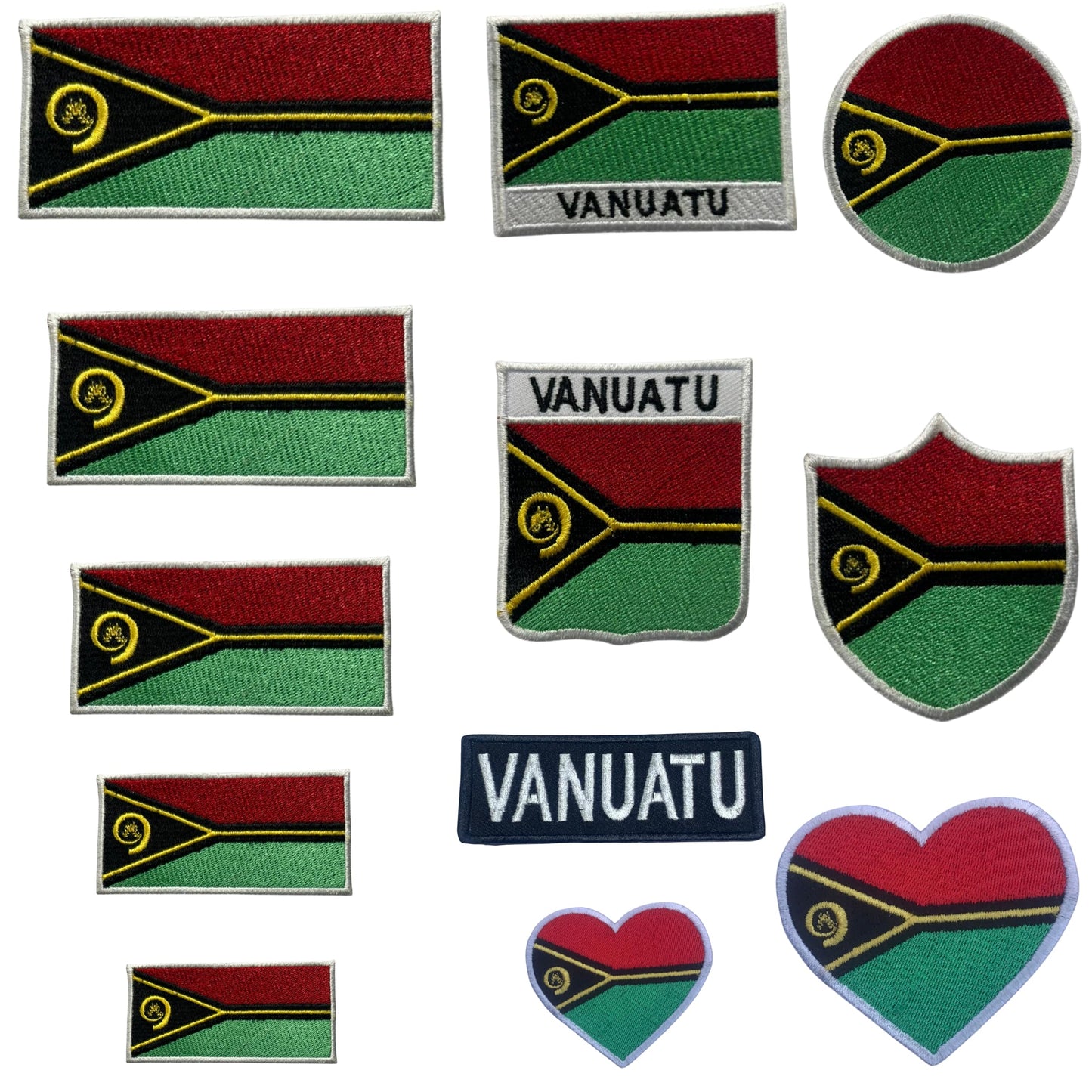 Vanuatu Flag Embroidered Patch Set, Iron-On or Sew-On Applique Badges, Rectangle Shield Round Heart Shapes, for Jackets, Backpacks, Hats, Uniforms and Various Sizes