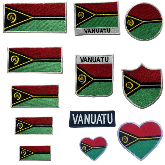 Vanuatu Flag Embroidered Patch Set, Iron-On or Sew-On Applique Badges, Rectangle Shield Round Heart Shapes, for Jackets, Backpacks, Hats, Uniforms and Various Sizes