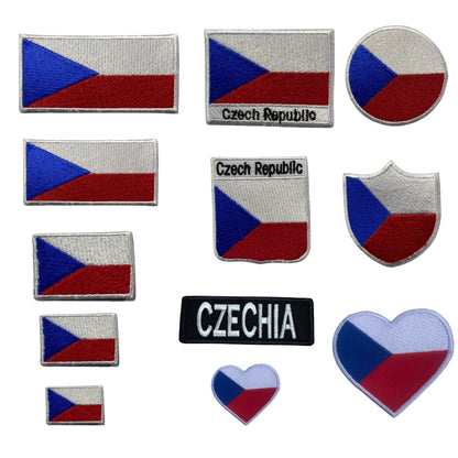 Czech Republic Flag Embroidered Patch Set, Iron-On or Sew-On Applique Badges, Rectangle Shield Round Heart Shapes, for Jackets, Backpacks, Hats, Uniforms and Various Sizes