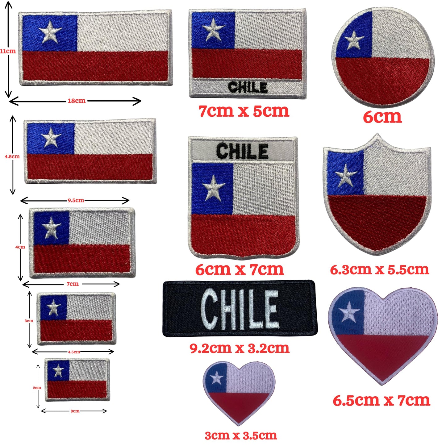Chile Flag Embroidered Patch Set, Iron-On or Sew-On Applique Badges, Rectangle Shield Round Heart Shapes, for Jackets, Backpacks, Hats, Uniforms and Various Sizes