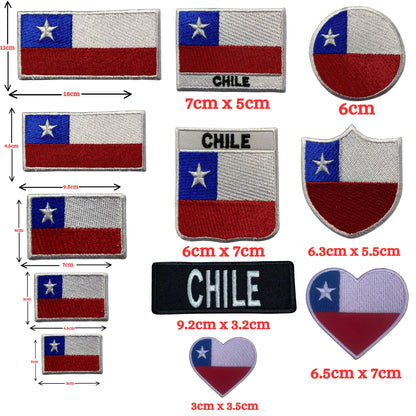 Chile Flag Embroidered Patch Set, Iron-On or Sew-On Applique Badges, Rectangle Shield Round Heart Shapes, for Jackets, Backpacks, Hats, Uniforms and Various Sizes