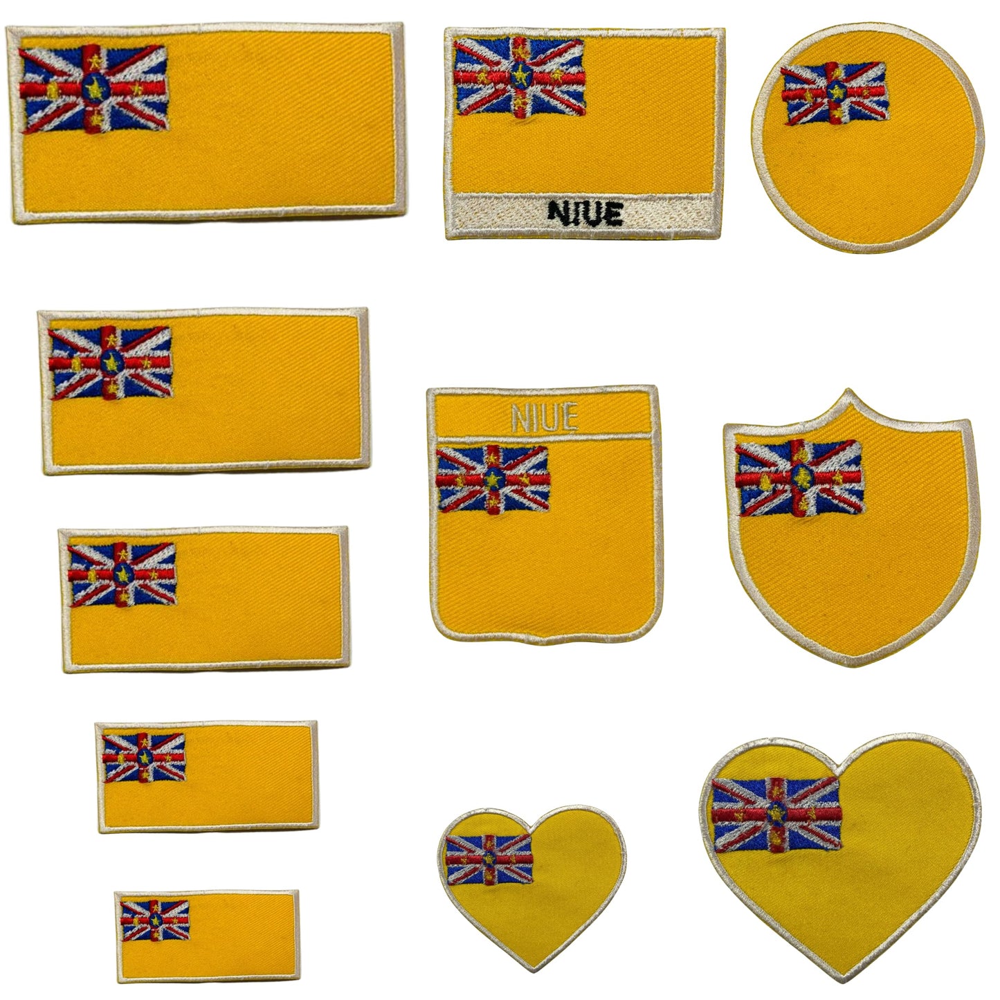 Niue Flag Embroidered Patch Set, Iron-On or Sew-On Applique Badges, Rectangle Shield Round Heart Shapes, for Jackets, Backpacks, Hats, Uniforms and Various Sizes