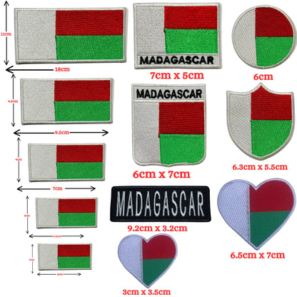 Madagascar Flag Embroidered Patch Set, Iron-On or Sew-On Applique Badges, Rectangle Shield Round Heart Shapes, for Jackets, Backpacks, Hats, Uniforms and Various Sizes