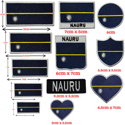 Nauru Flag Embroidered Patch Set, Iron-On or Sew-On Applique Badges, Rectangle Shield Round Heart Shapes, for Jackets, Backpacks, Hats, Uniforms and Various Sizes
