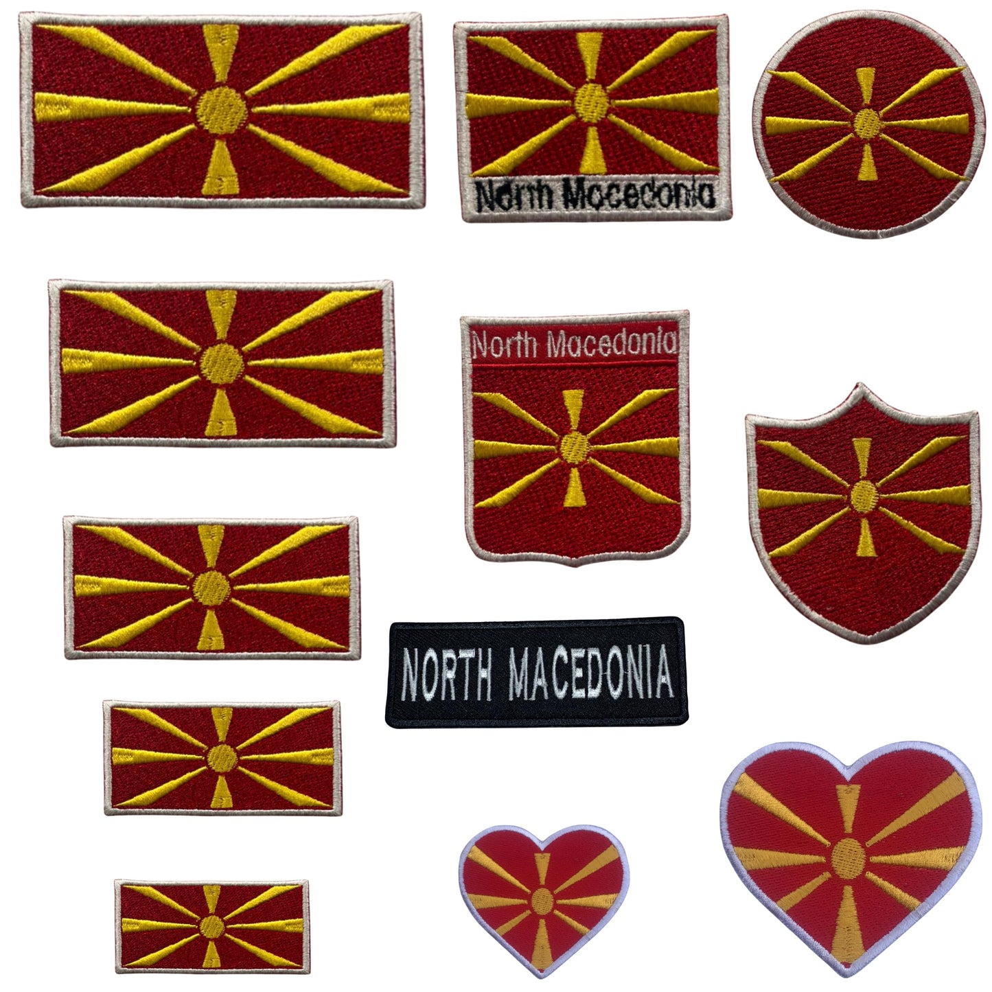 North Macedonia Flag Embroidered Patch Set, Iron-On or Sew-On Applique Badges, Rectangle Shield Round Heart Shapes, for Jackets, Backpacks, Hats, Uniforms and Various Sizes