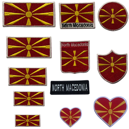 North Macedonia Flag Embroidered Patch Set, Iron-On or Sew-On Applique Badges, Rectangle Shield Round Heart Shapes, for Jackets, Backpacks, Hats, Uniforms and Various Sizes