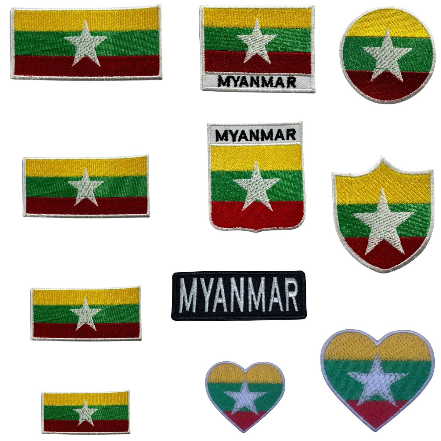 Myanmar Flag Embroidered Patch Set, Iron-On or Sew-On Applique Badges, Rectangle Shield Round Heart Shapes, for Jackets, Backpacks, Hats, Uniforms and Various Sizes