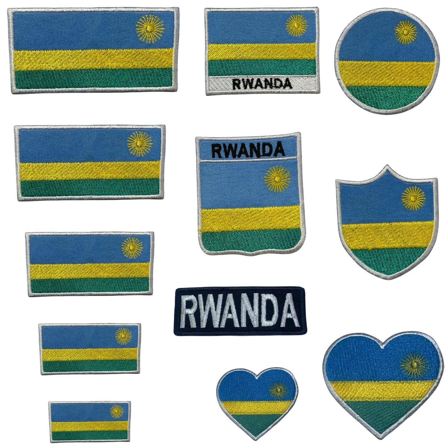 Rwanda Flag Embroidered Patch Set, Iron-On or Sew-On Applique Badges, Rectangle Shield Round Heart Shapes, for Jackets, Backpacks, Hats, Uniforms and Various Sizes