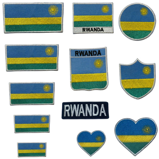 Rwanda Flag Embroidered Patch Set, Iron-On or Sew-On Applique Badges, Rectangle Shield Round Heart Shapes, for Jackets, Backpacks, Hats, Uniforms and Various Sizes