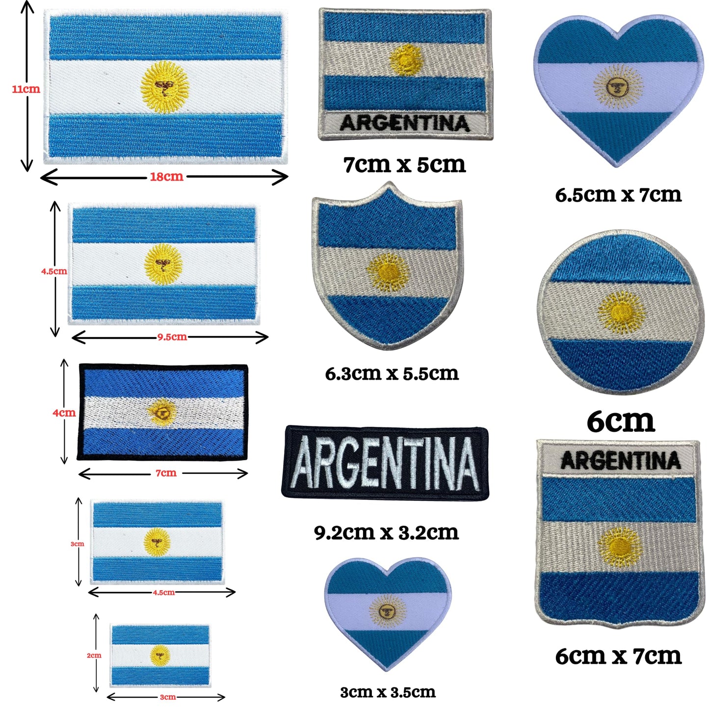 Argentina Flag Embroidered Patches, Iron-On/Sew-On Applique, Shield, Round, Heart and Rectangle Flag Badges for Jackets, Bags, Uniforms, Various Sizes