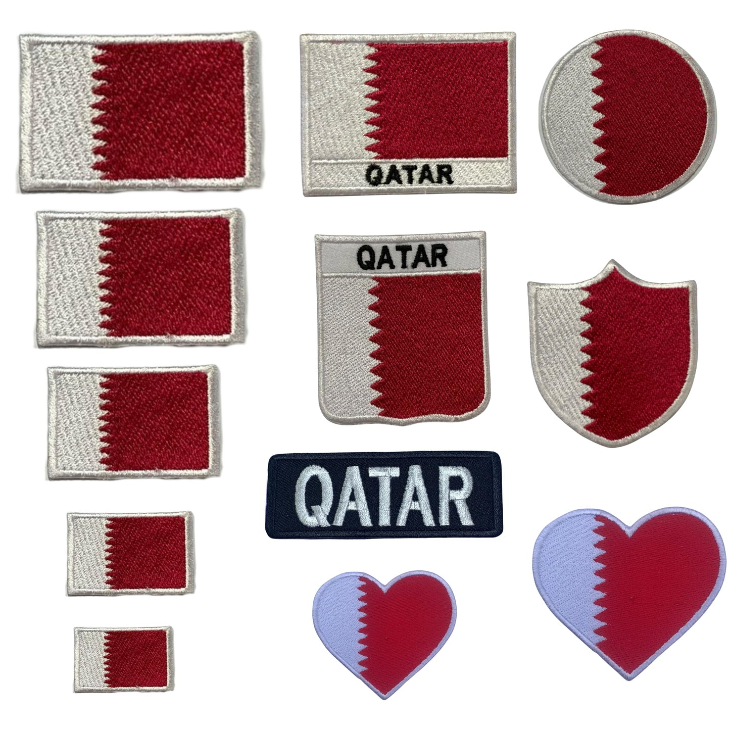 Qatar Flag Embroidered Patches, Iron-On/Sew-On Applique, Shield, Round, Heart and Rectangle Flag Badges for Jackets, Bags, Uniforms, Various Sizes