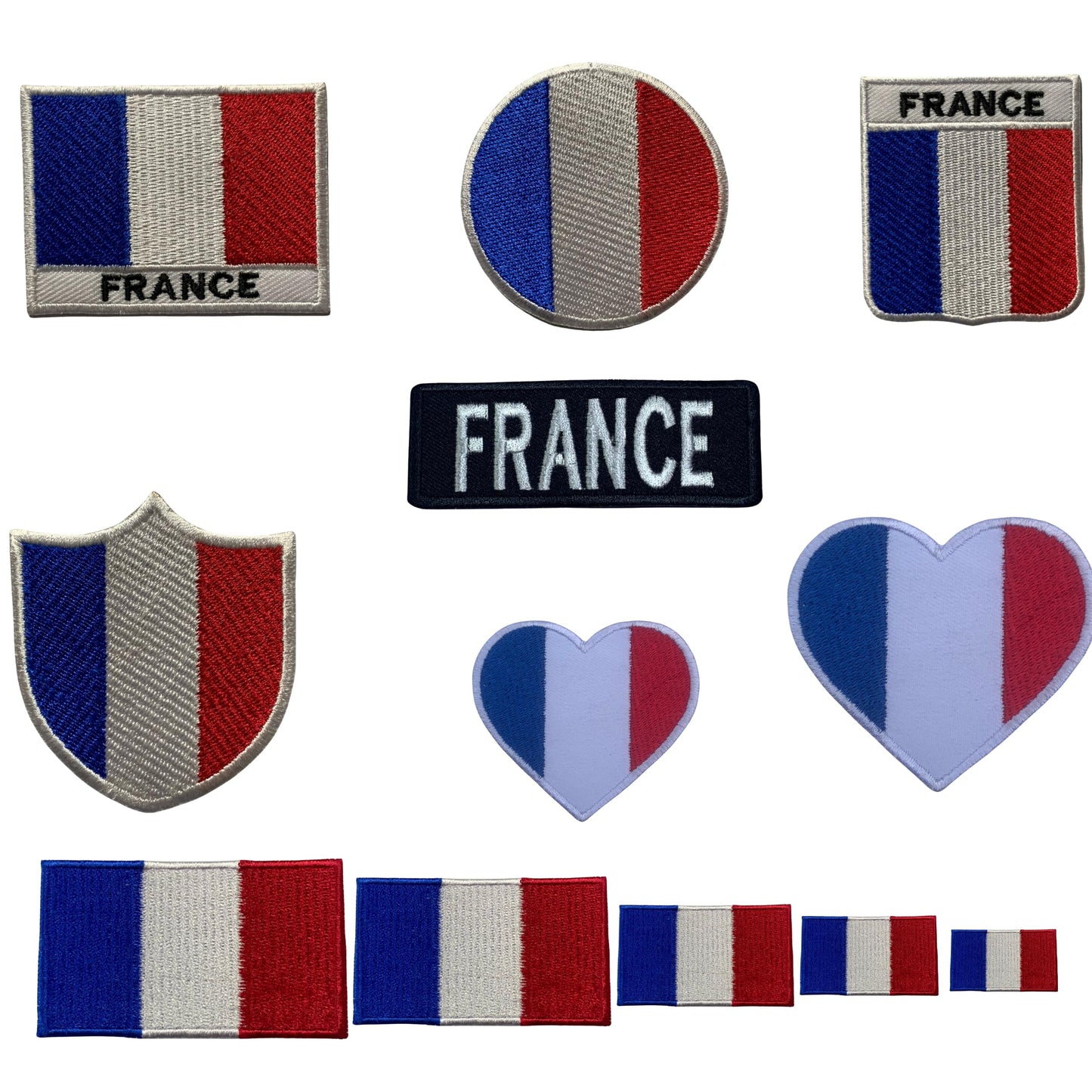 BeBuz France Flag Embroidered Patches, Iron-On/Sew-On Applique, Shield, Round, Heart and Rectangle Flag Badges for Jackets, Bags, Uniforms, Various Sizes
