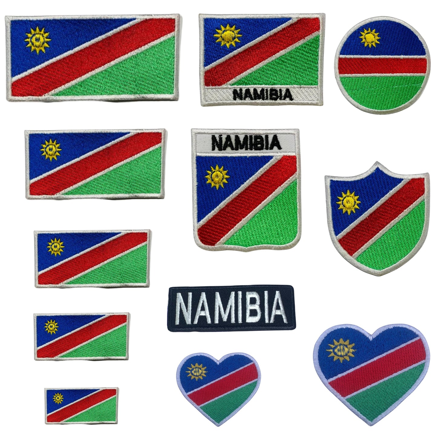 Namibia Flag Embroidered Patch Set, Iron-On or Sew-On Applique Badges, Rectangle Shield Round Heart Shapes, for Jackets, Backpacks, Hats, Uniforms and Various Sizes