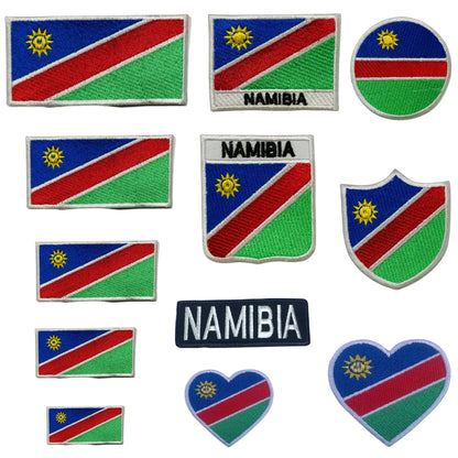 Namibia Flag Embroidered Patch Set, Iron-On or Sew-On Applique Badges, Rectangle Shield Round Heart Shapes, for Jackets, Backpacks, Hats, Uniforms and Various Sizes
