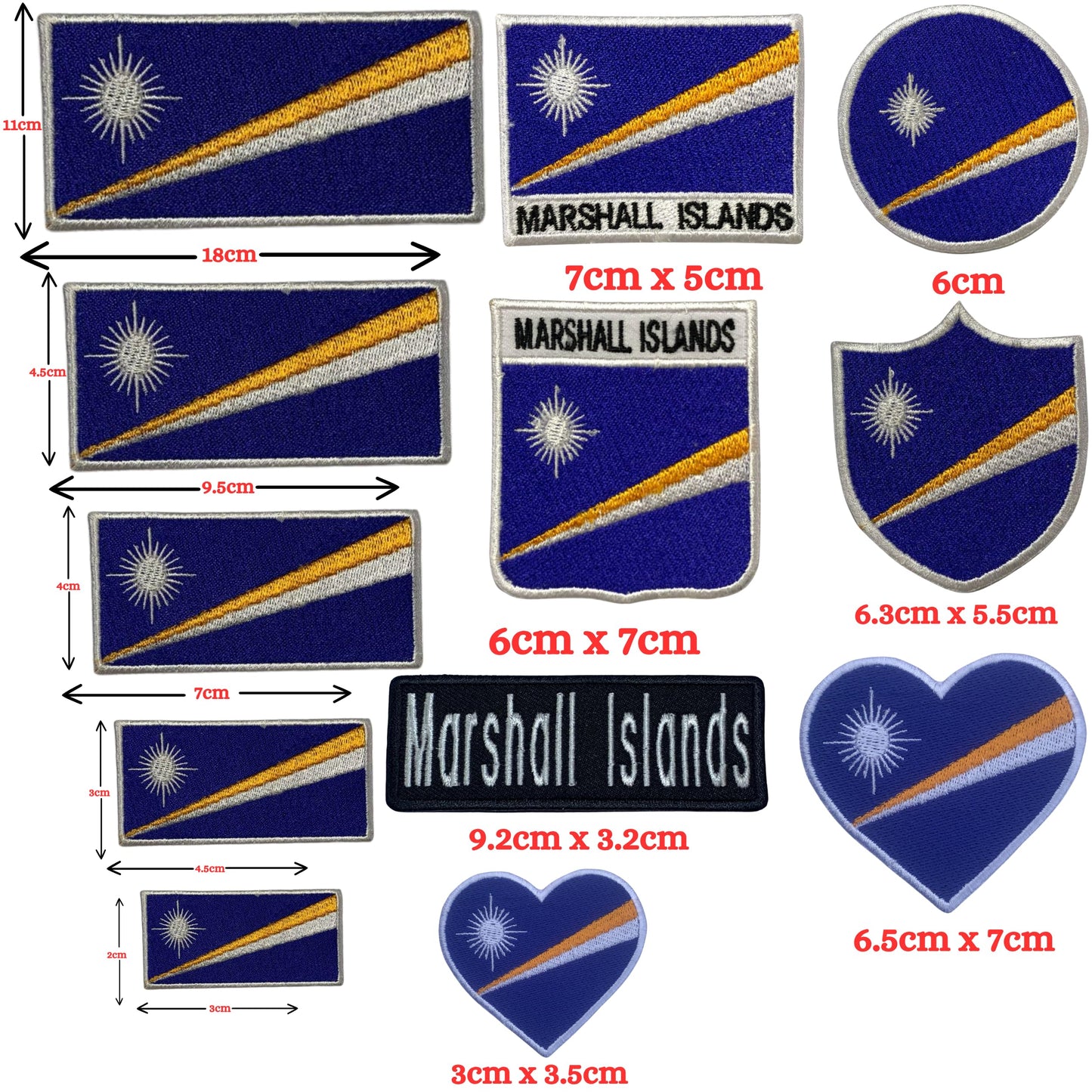 Marshall Islands Flag Embroidered Patch Set, Iron-On or Sew-On Applique Badges, Rectangle Shield Round Heart Shapes, for Jackets, Backpacks, Hats, Uniforms and Various Sizes