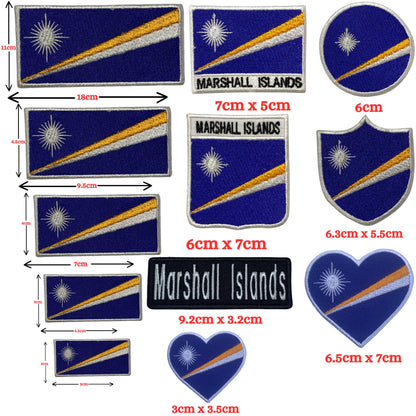Marshall Islands Flag Embroidered Patch Set, Iron-On or Sew-On Applique Badges, Rectangle Shield Round Heart Shapes, for Jackets, Backpacks, Hats, Uniforms and Various Sizes