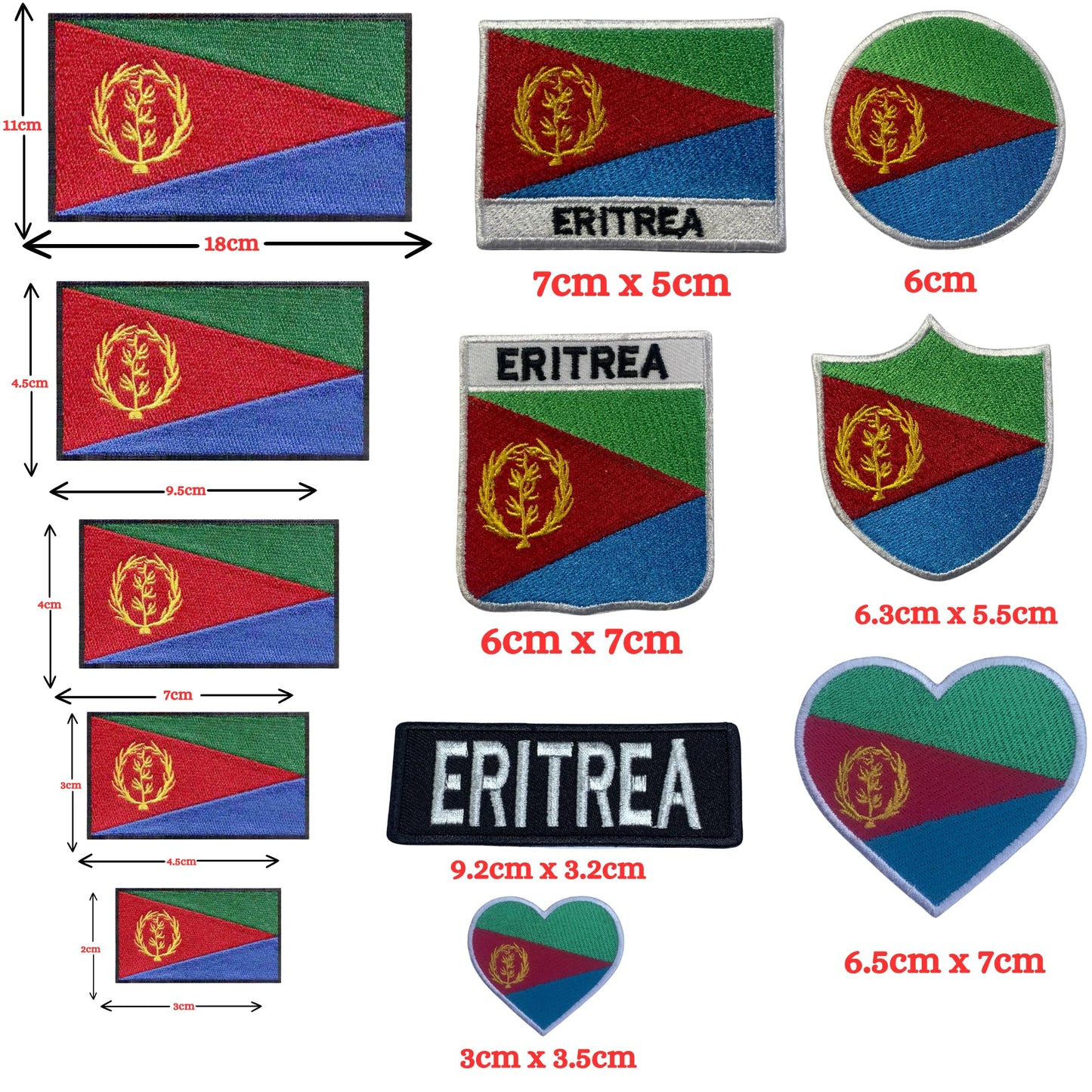 Eritrea Flag Embroidered Patch Set, Iron-On or Sew-On Applique Badges, Rectangle Shield Round Heart Shapes, for Jackets, Backpacks, Hats, Uniforms and Various Sizes