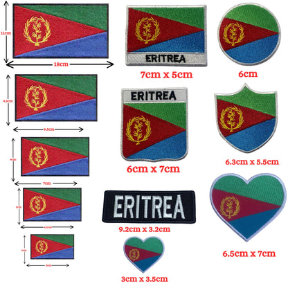 Eritrea Flag Embroidered Patch Set, Iron-On or Sew-On Applique Badges, Rectangle Shield Round Heart Shapes, for Jackets, Backpacks, Hats, Uniforms and Various Sizes