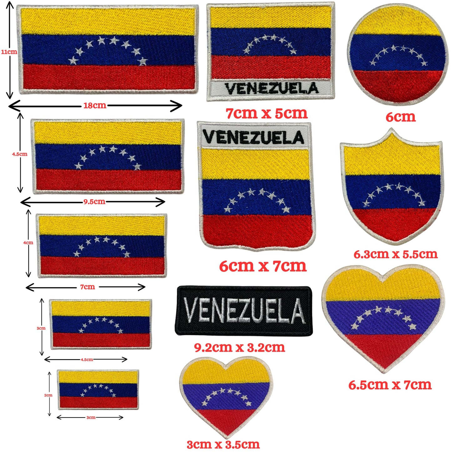 Venezuela Flag Embroidered Patch Set, Iron-On or Sew-On Applique Badges, Rectangle Shield Round Heart Shapes, for Jackets, Backpacks, Hats, Uniforms and Various Sizes