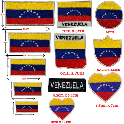 Venezuela Flag Embroidered Patch Set, Iron-On or Sew-On Applique Badges, Rectangle Shield Round Heart Shapes, for Jackets, Backpacks, Hats, Uniforms and Various Sizes