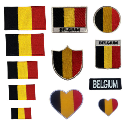 Belgium Flag Embroidered Patches, Iron-On/Sew-On Applique, Shield, Round, Heart and Rectangle Flag Badges for Jackets, Bags, Uniforms, Various Sizes