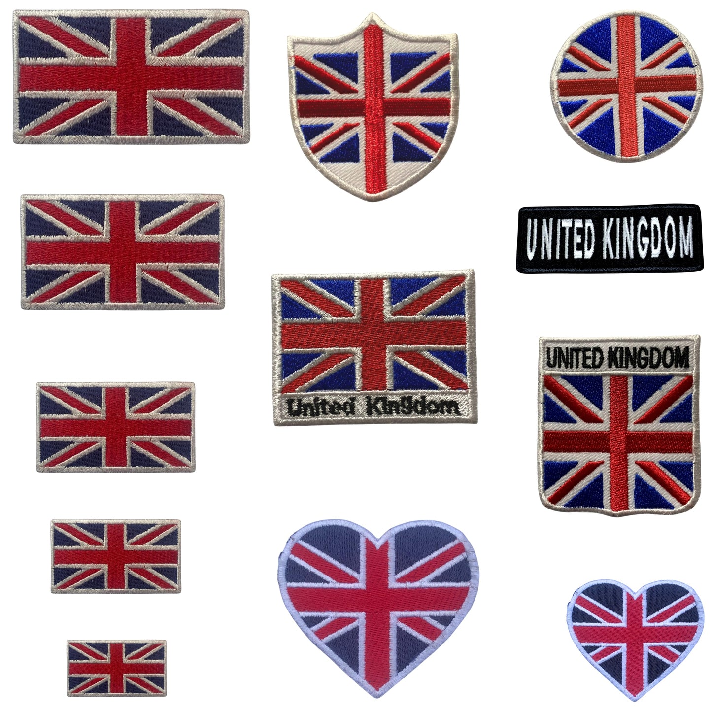 United Kingdom Flag Embroidered Patch Set, Iron-On or Sew-On Applique Badges, Rectangle Shield Round Heart Shapes, for Jackets, Backpacks, Hats, Uniforms and Various Sizes