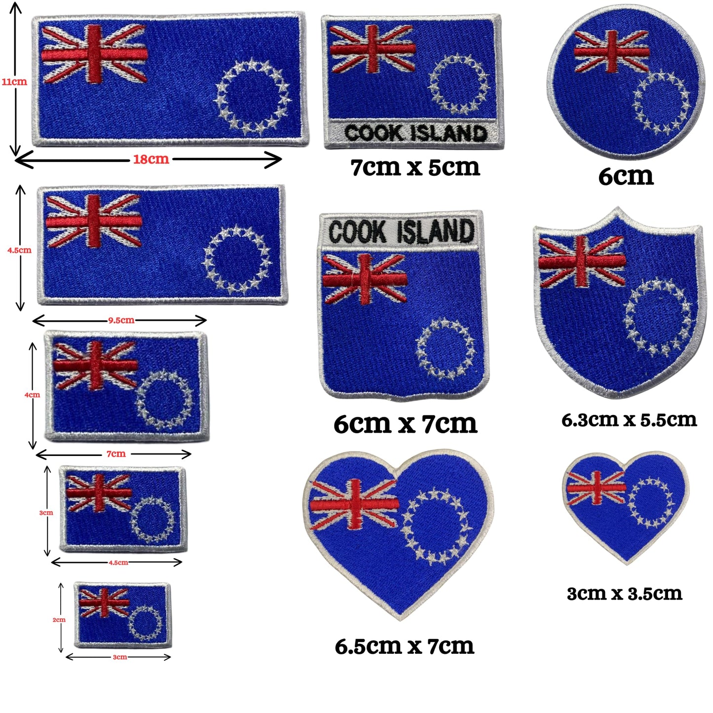 Cook Island Flag Embroidered Patch Set, Iron-On or Sew-On Applique Badges, Rectangle Shield Round Heart Shapes, for Jackets, Backpacks, Hats, Uniforms and Various Sizes