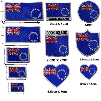 Cook Island Flag Embroidered Patch Set, Iron-On or Sew-On Applique Badges, Rectangle Shield Round Heart Shapes, for Jackets, Backpacks, Hats, Uniforms and Various Sizes