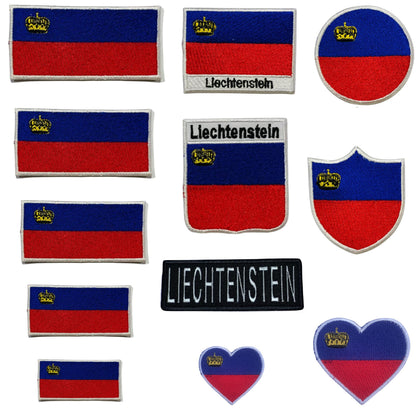 Liechtenstein Flag Embroidered Patch Set, Iron-On or Sew-On Applique Badges, Rectangle Shield Round Heart Shapes, for Jackets, Backpacks, Hats, Uniforms and Various Sizes