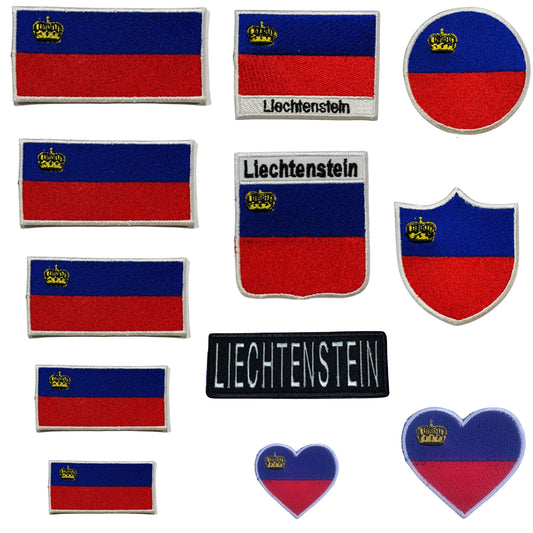 Liechtenstein Flag Embroidered Patch Set, Iron-On or Sew-On Applique Badges, Rectangle Shield Round Heart Shapes, for Jackets, Backpacks, Hats, Uniforms and Various Sizes