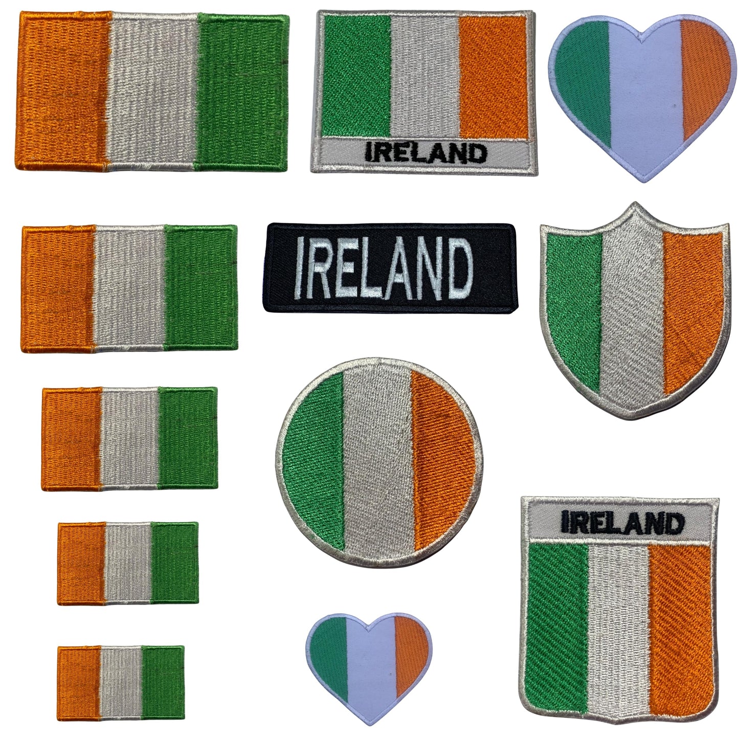 Ireland Flag Embroidered Patch Set, Iron-On or Sew-On Applique Badges, Rectangle Shield Round Heart Shapes, for Jackets, Backpacks, Hats, Uniforms and Various Sizes